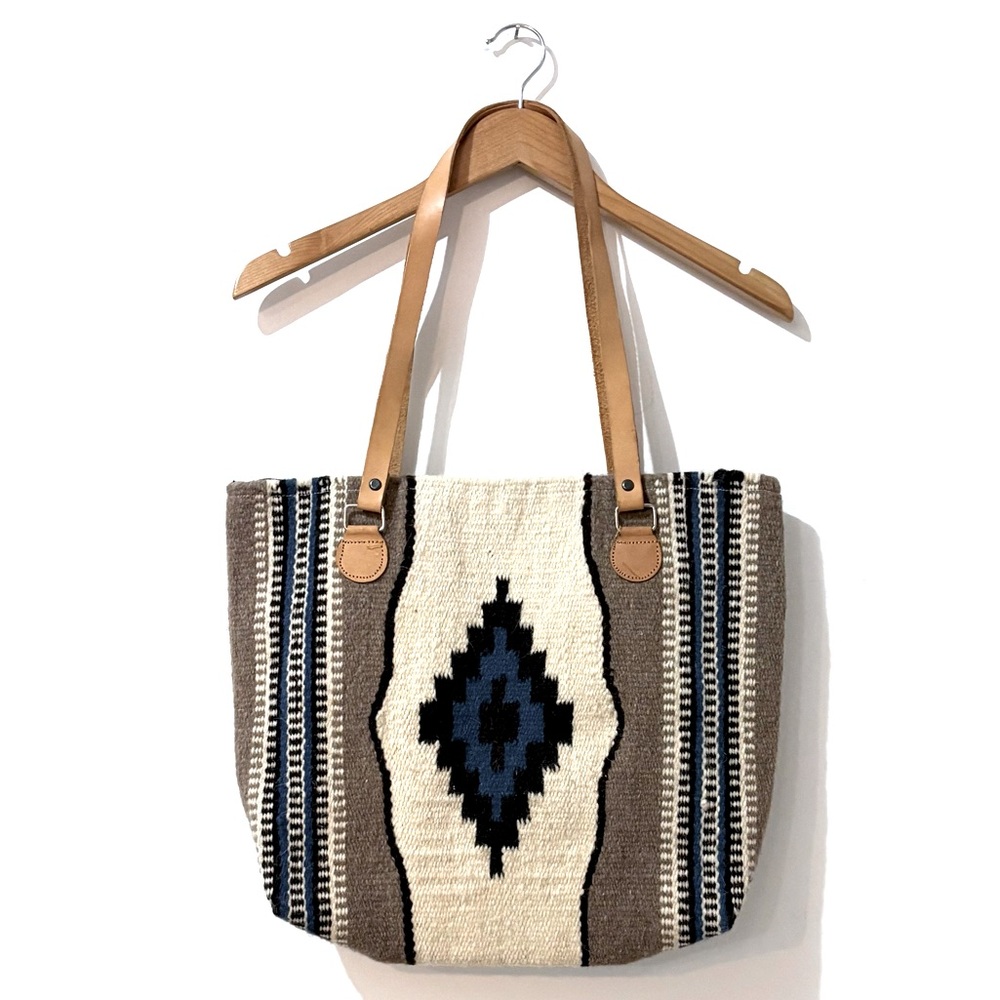 Southwestern Santa Fe Wool Large Blanket Tote Bag Leather Handles Zipper